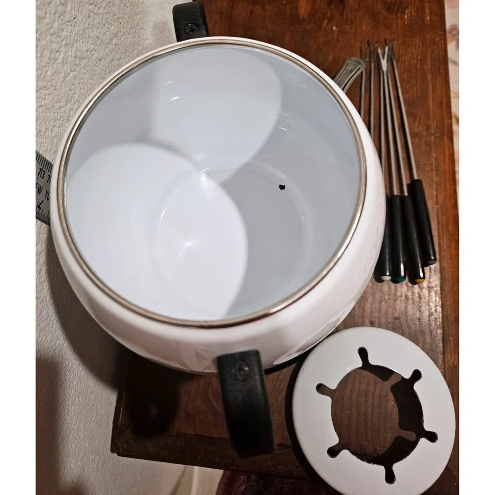 Vintage Roshco Enamel 10 Piece Fondue Set White Black Mid Century Retro Kitchen